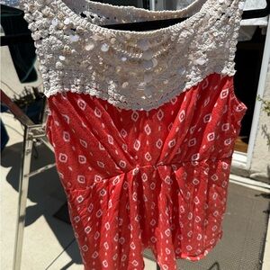 Deletta Red Embellished Crochet Yoke Sleeveless Top Size M